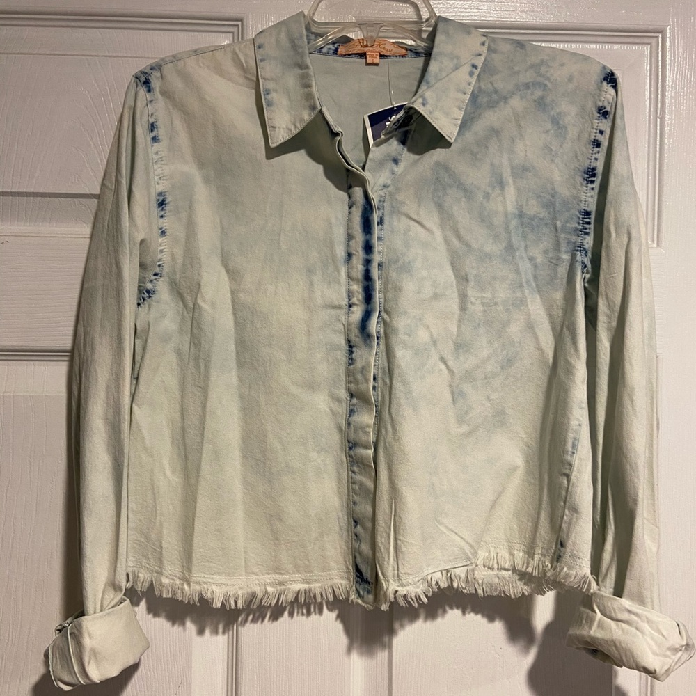 Button up distressed chambray top